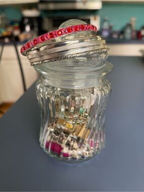 Mystery Jewelry Jar with mostly silver & some gold tone pieces